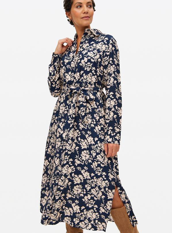 Navy Floral Tie-Waist Midaxi Shirt Dress 18