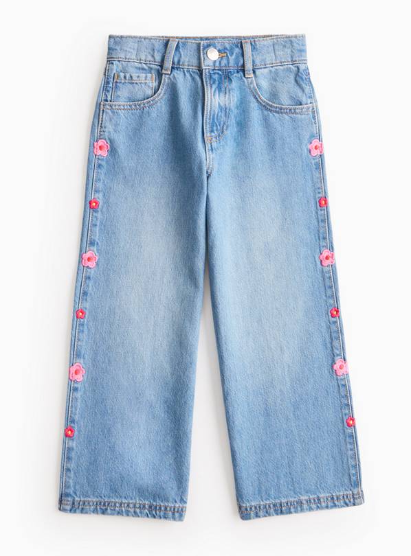 Blue Floral Embroidered Wide Leg Denim Jeans 9 years