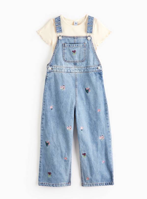 Cream Ribbed T-Shirt & Floral Denim  Dungarees Set 6 years