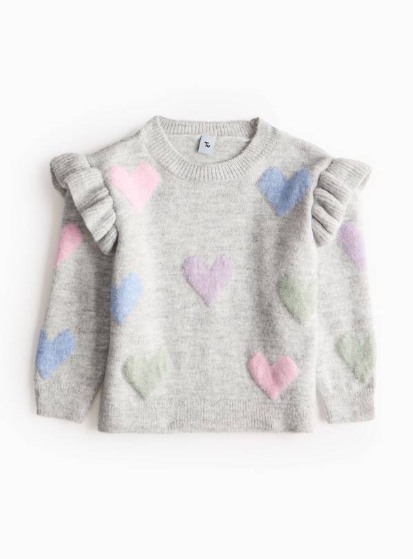 Grey Heart Print Frill Detail Knitted Jumper 5 years