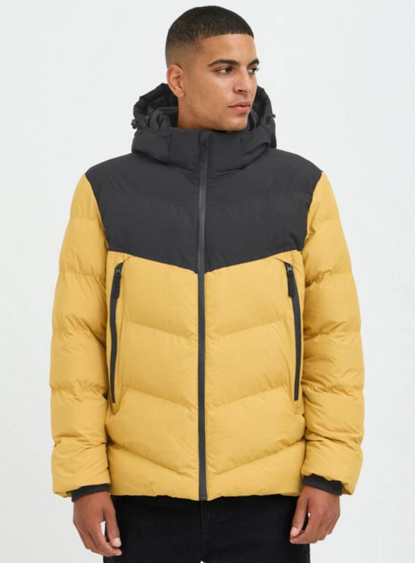 BLEND Yellow/Black Hooded Puffer Coat L