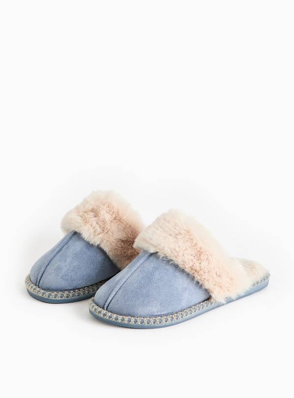 Blue Stitch Detail Faux Fur Cuff Mule Slippers M