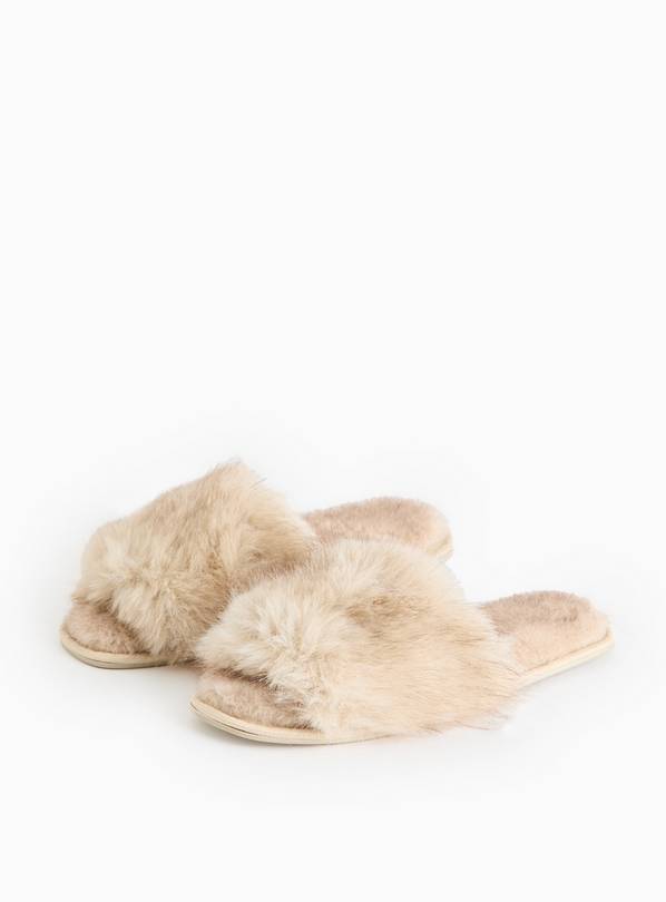 Cream Plush Faux Fur Sliders M