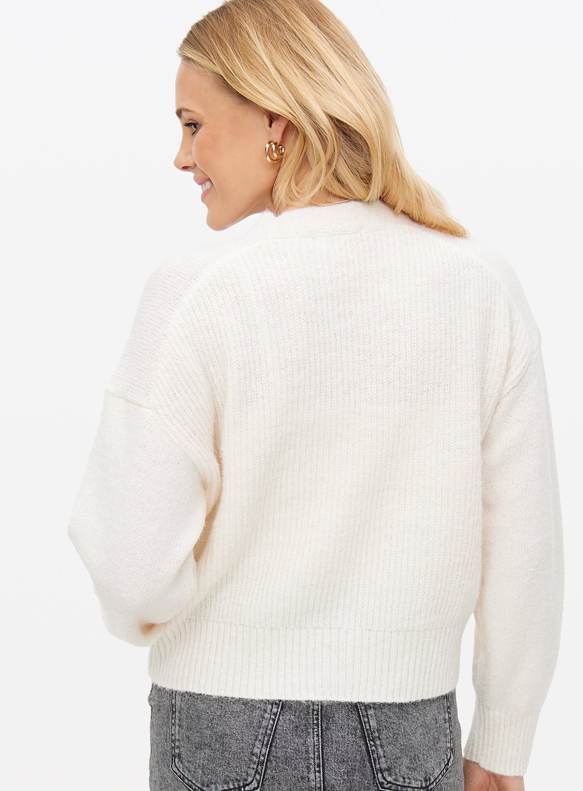 Cream Ribbed Knitted V-Neck Cardigan With Pockets XL - Image 4 thumbnail