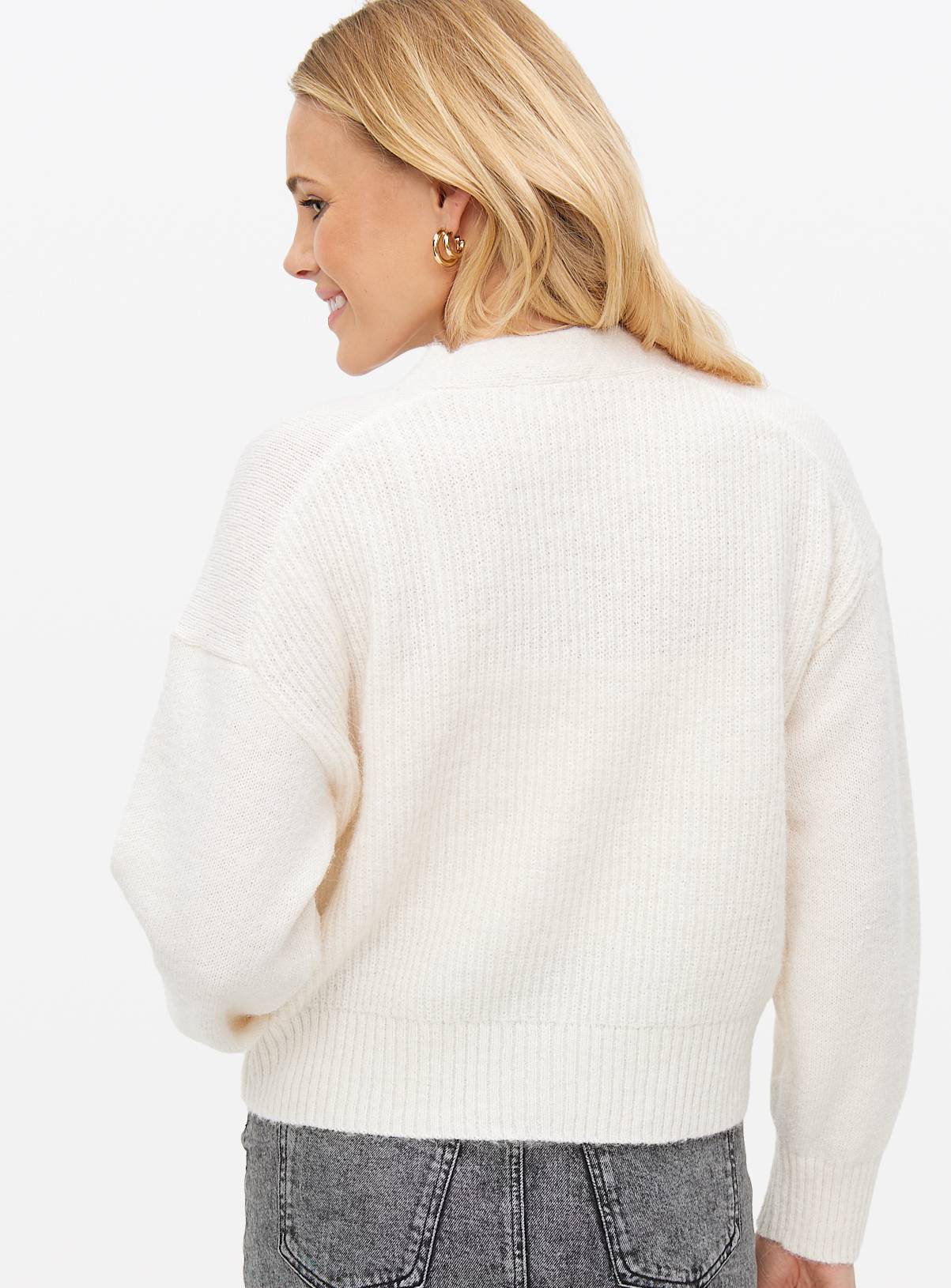 Cream Ribbed Knitted V-Neck Cardigan With Pockets XL - Image 4