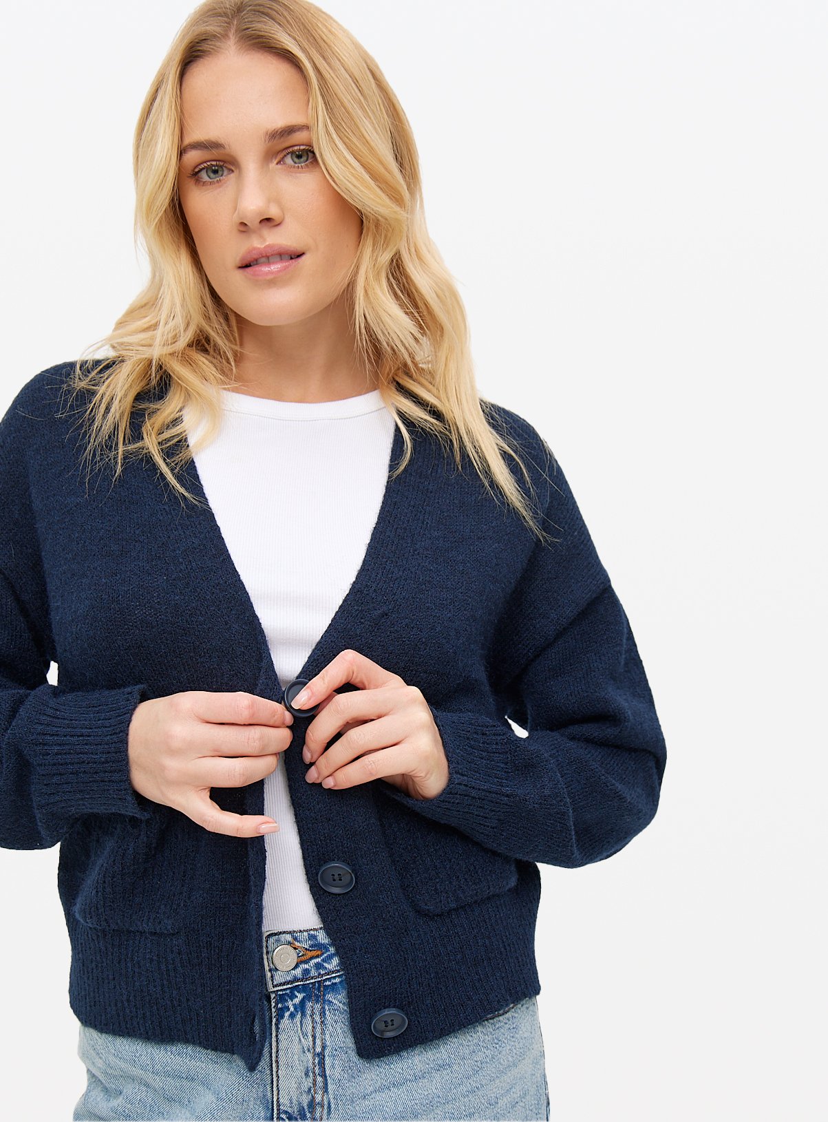 Navy Rib Pocket Relaxed Cardigan L