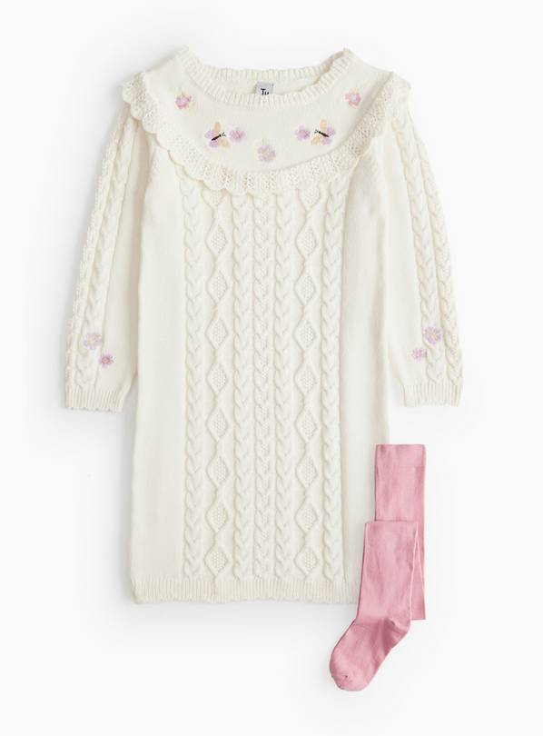 Cream Frill Knitted Dress & Pink Tights Set 1-2 years