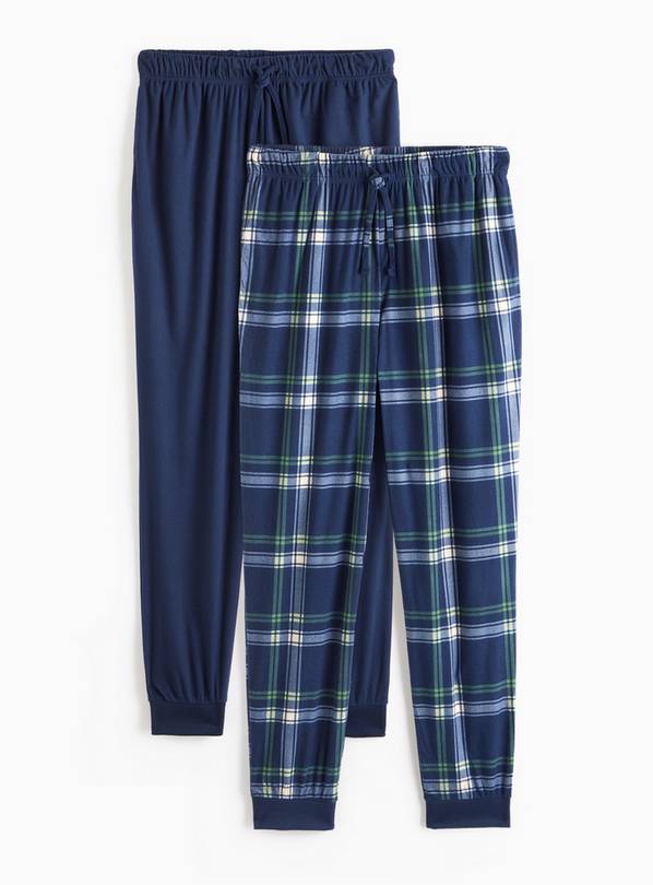 Navy & Check Print Fleece Pyjama Bottoms 2 Pack L