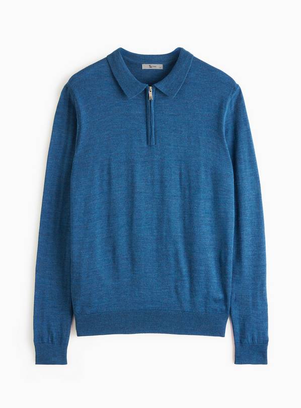 Blue Merino Wool Blend Polo Jumper XL