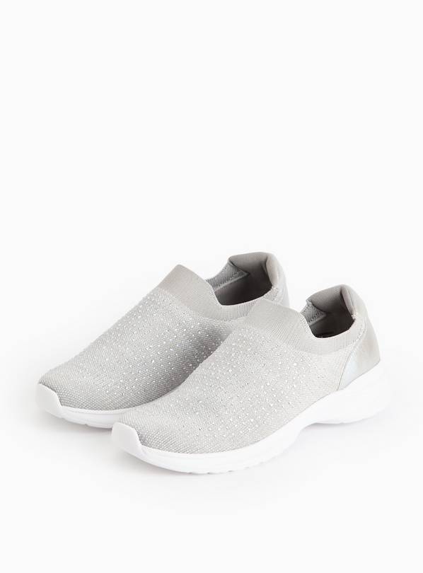 Grey Diamonte Knitted Slip On Trainers  8