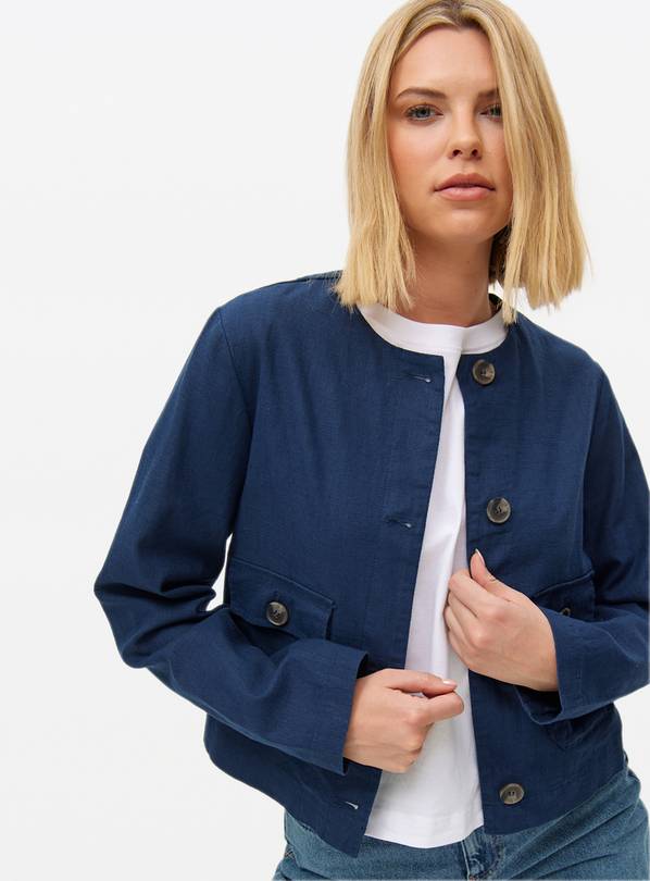 Navy Linen Blend Button Boxy Jacket 20