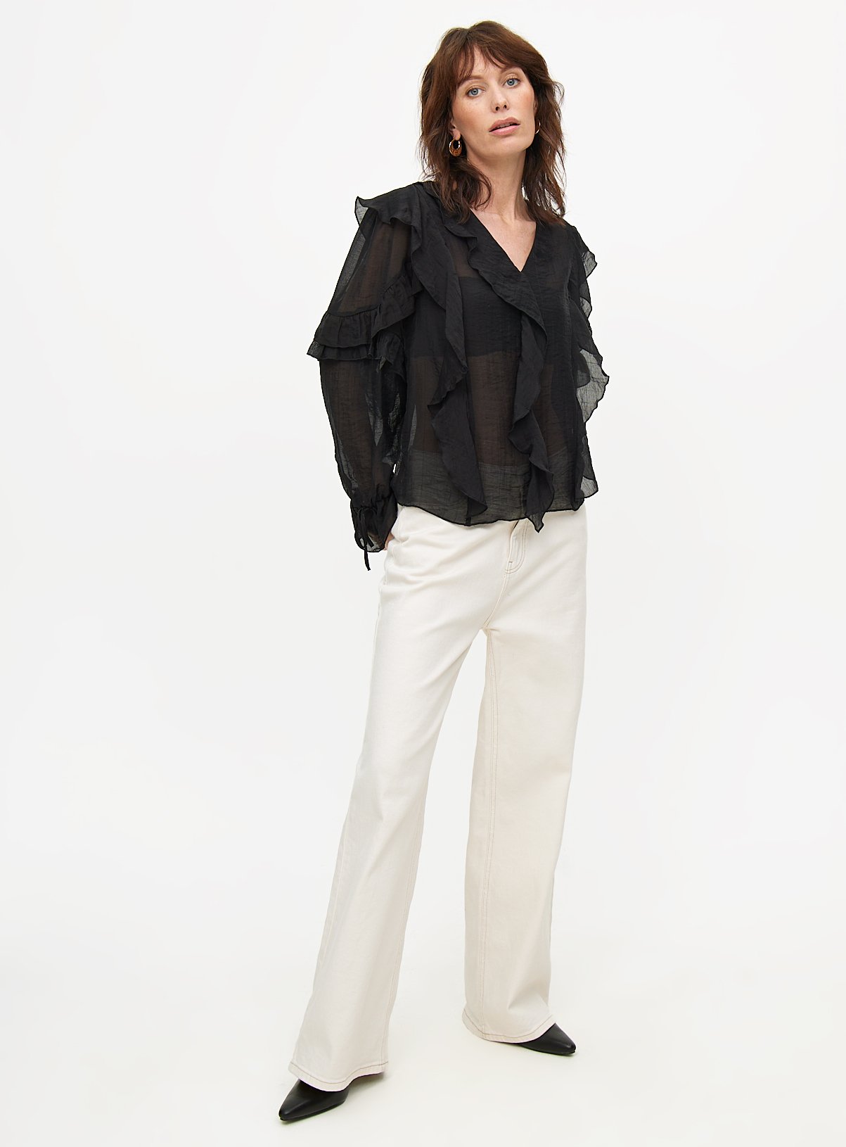 Black Semi-Sheer Ruffle Blouse 16 - Image 2 thumbnail
