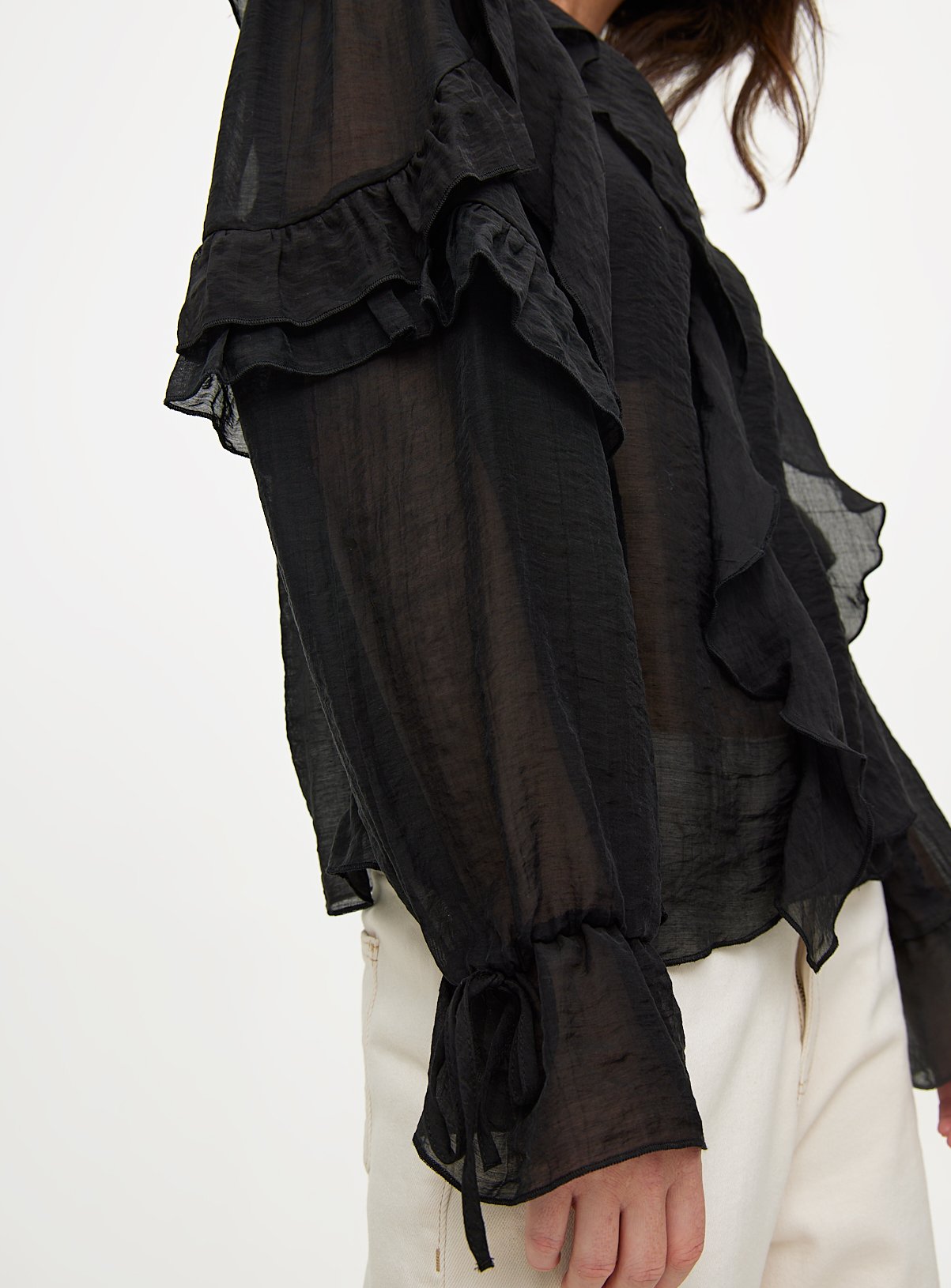 Black Semi-Sheer Ruffle Blouse 16 - Image 3 thumbnail