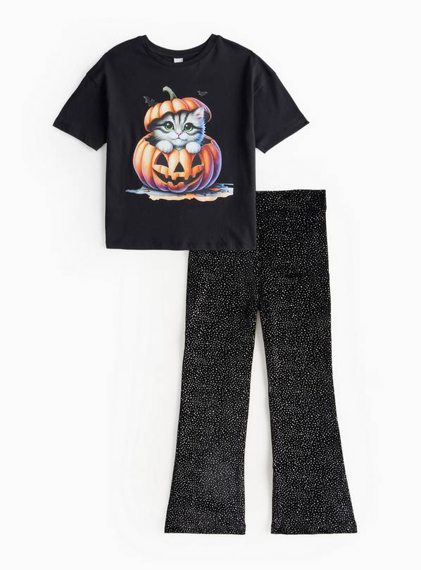 Halloween Cat Print T-Shirt & Sparkle Flares Set 3 years