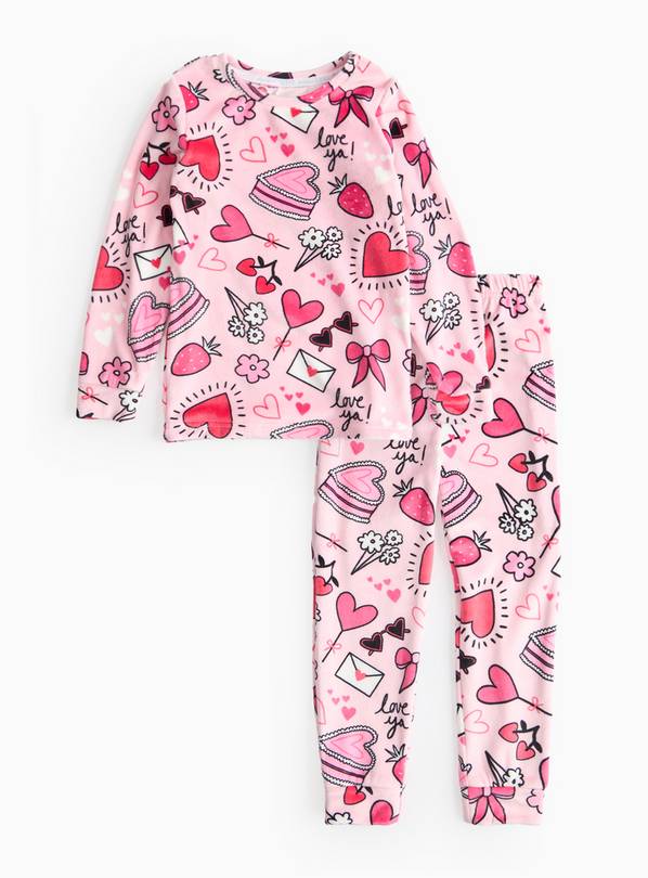 Pink Heart Print Slinky Fleece Pyjamas 1-2 years