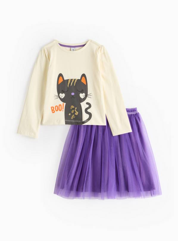 Halloween Cat Print Top & Purple Tutu Skirt Set 4 years