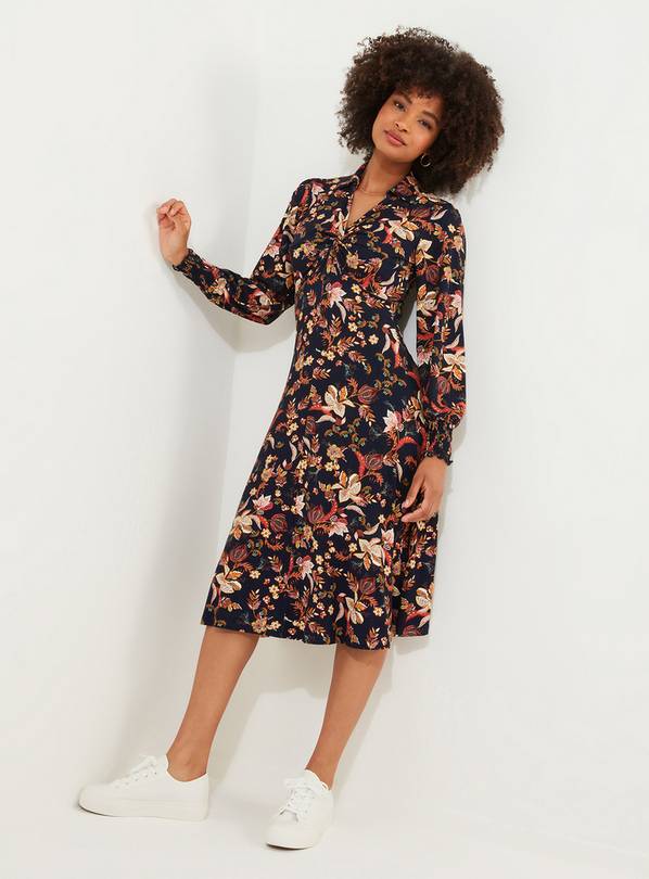 JOE BROWNS Autumnal Floral Twist Front Frill Sleeve Jersey Midi Dress 10