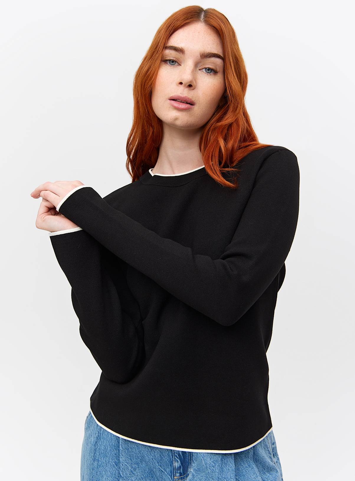 Black Contrast Tipped Crew Neck Jumper S - Image 1