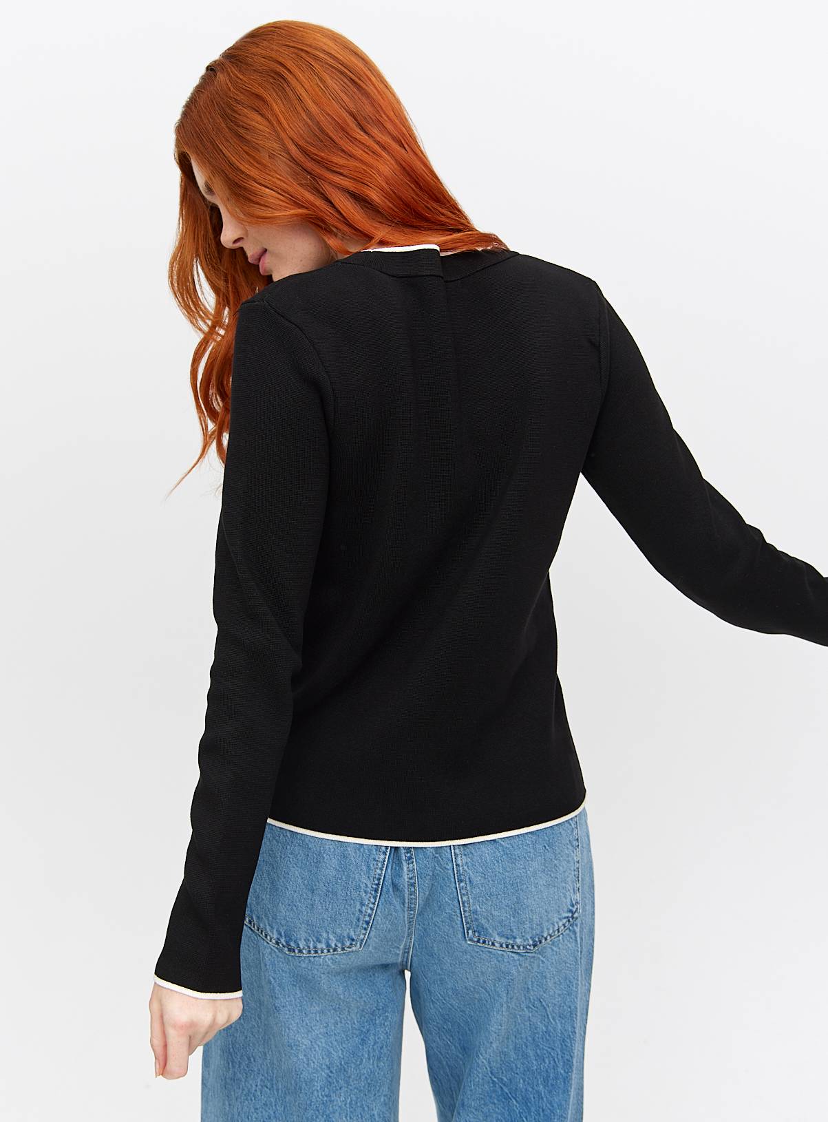 Black Contrast Tipped Crew Neck Jumper S - Image 4
