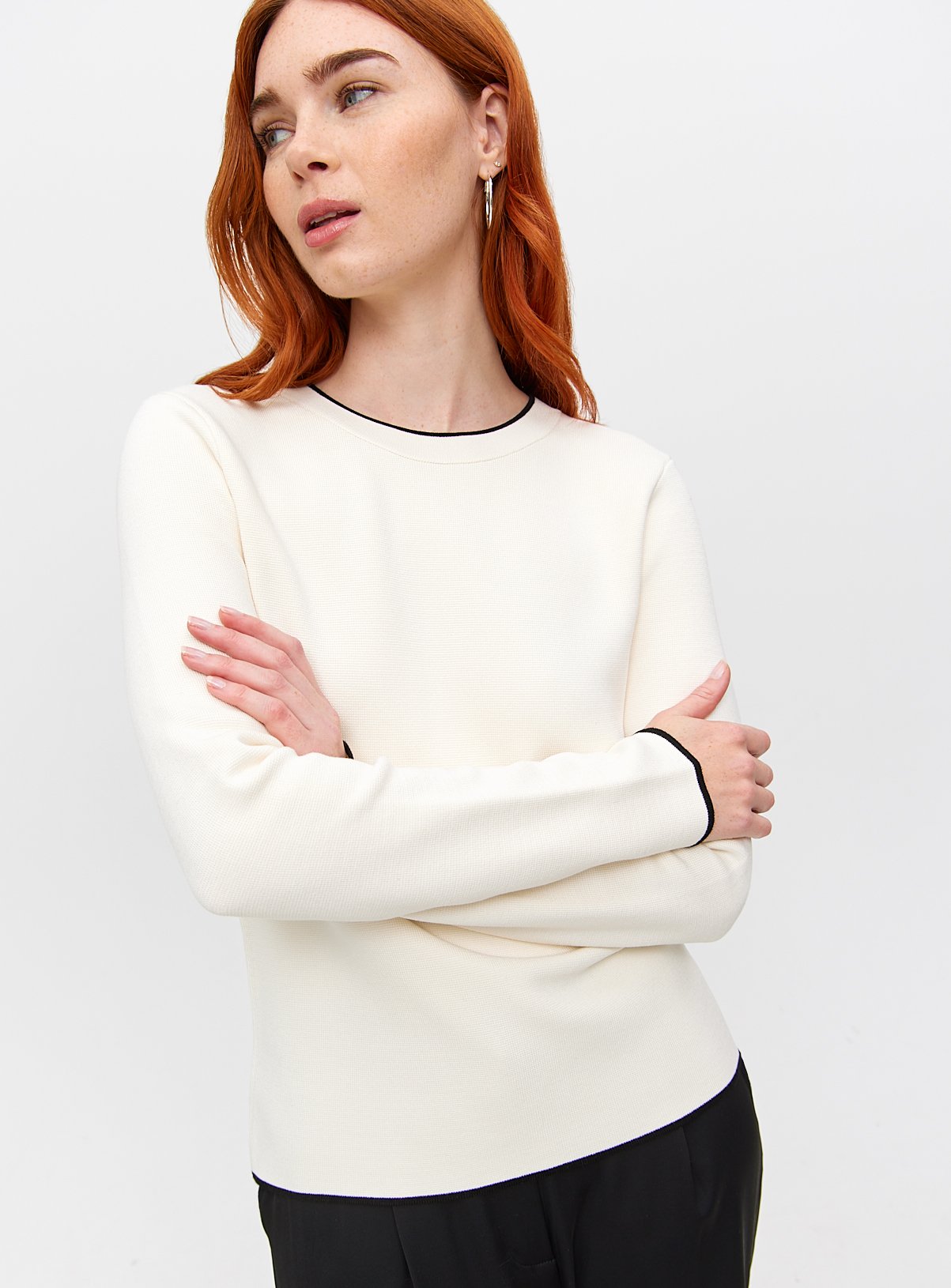 Cream Contrast Tipped Crew Neck Jumper M - Image 1 thumbnail