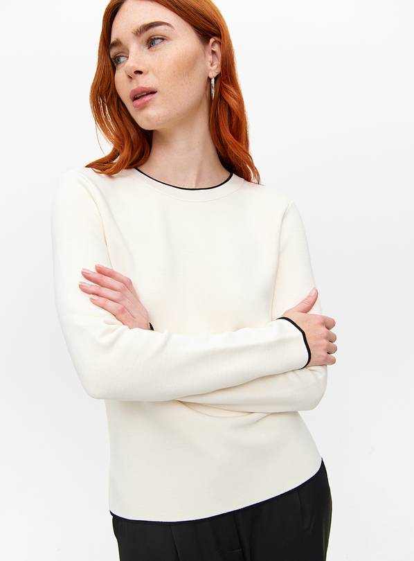 Cream Contrast Tipped Crew Neck Jumper L