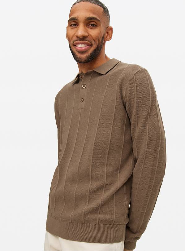 Brown Ribbed Stripe Knitted Polo Jumper XXXL