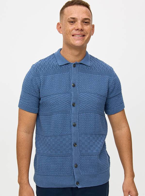 Blue Mixed Stitch Knitted Polo Shirt XL