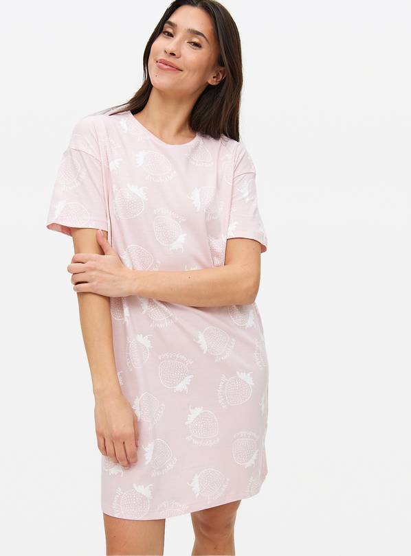 Light Pink Strawberries Printed Nightdress M