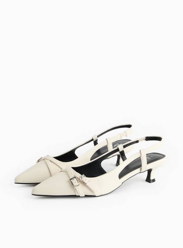 Cream Buckle Kitten Heel Slingback Shoes 7