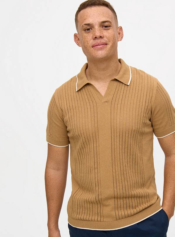 Tan Brown Pointelle Trophy Neck Polo Shirt XXL