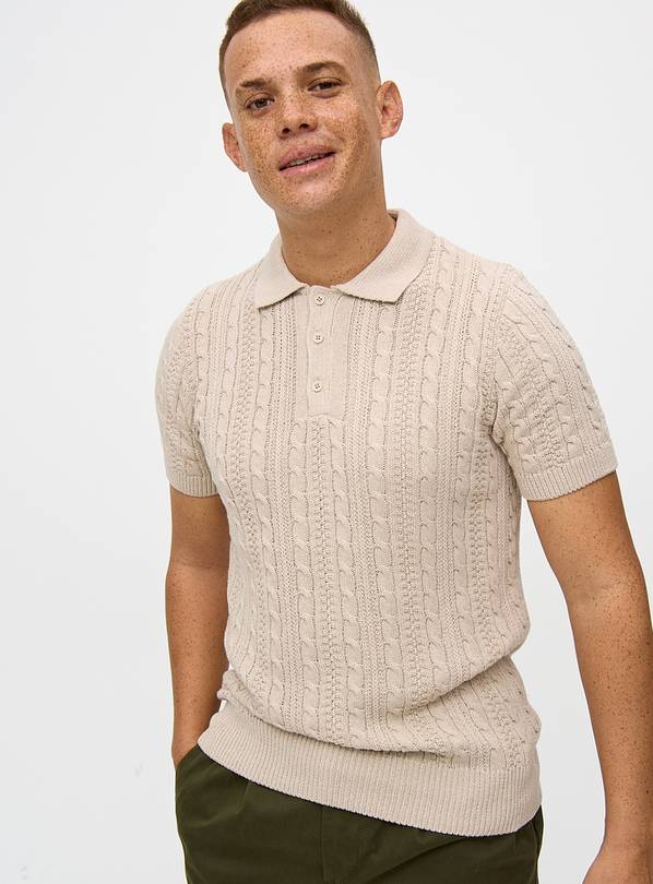 Cream Cable Textured Polo Shirt  L