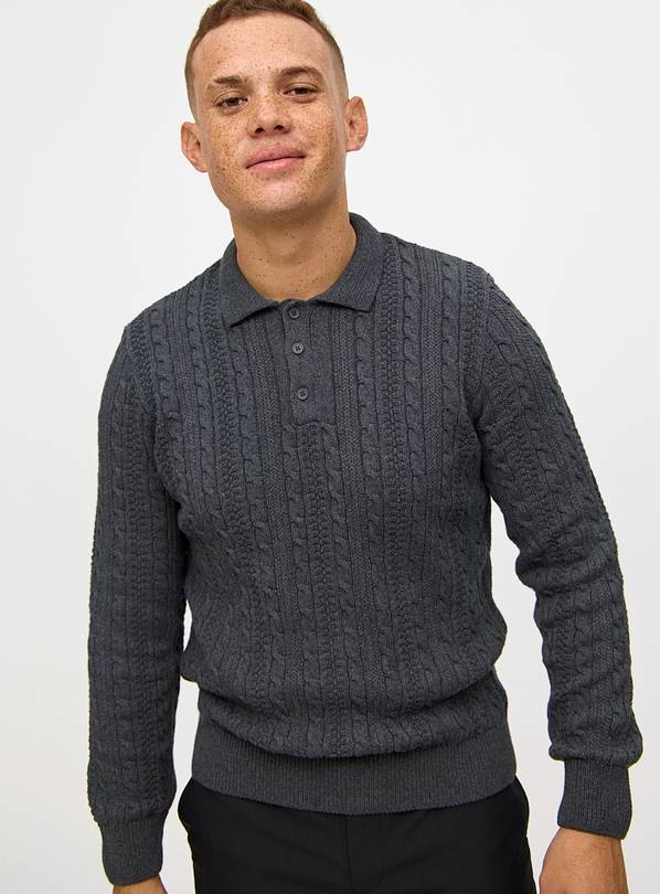 Charcoal Cable Textured Ribbed Long Sleeve Polo Shirt XL