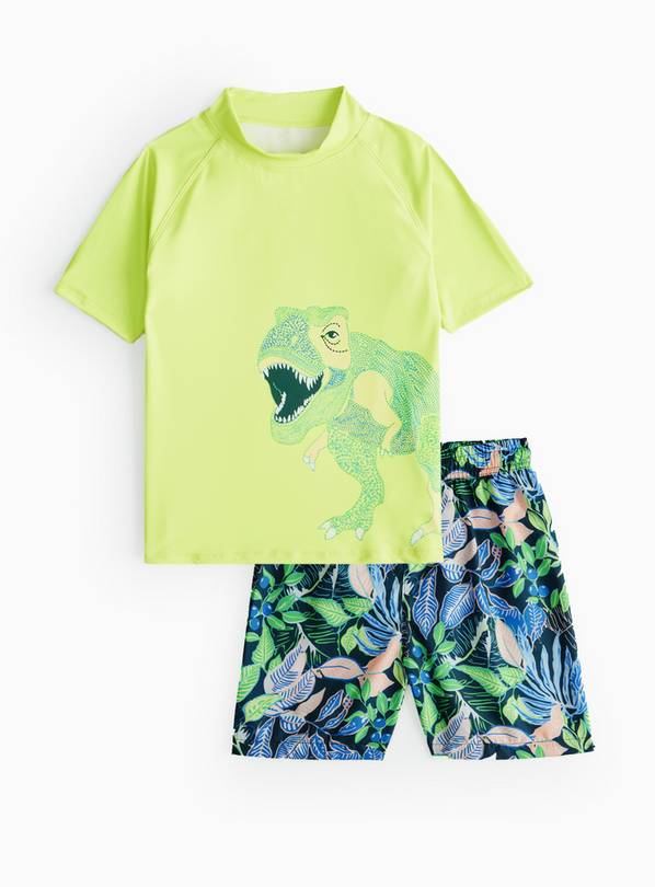 Neon Yellow Dino Print Rash Vest & Swim Shorts Sets 8 years