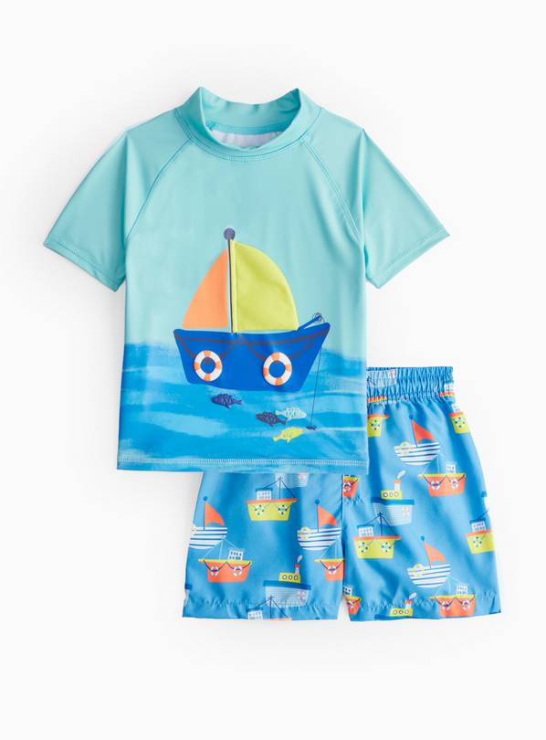 Blue Boat Print Rash Vest & Swim Shorts Set 1.5-2 years