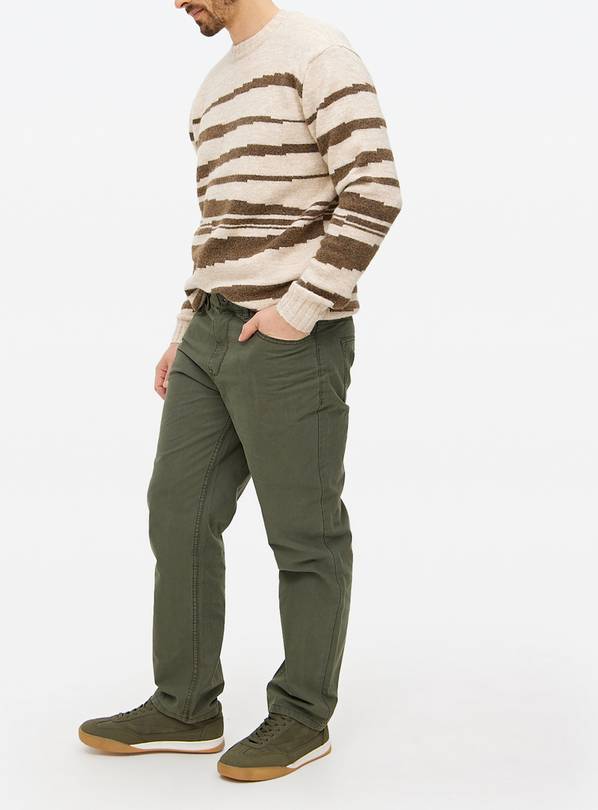 Khaki Washed Straight Leg Trousers 38L
