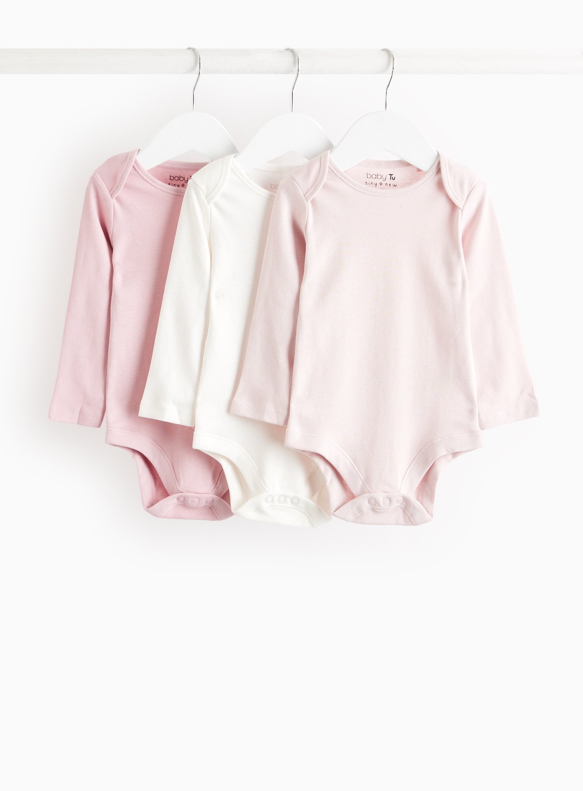 Pink & White Plain Long Sleeve Bodysuit 3 Pack 9-12 months