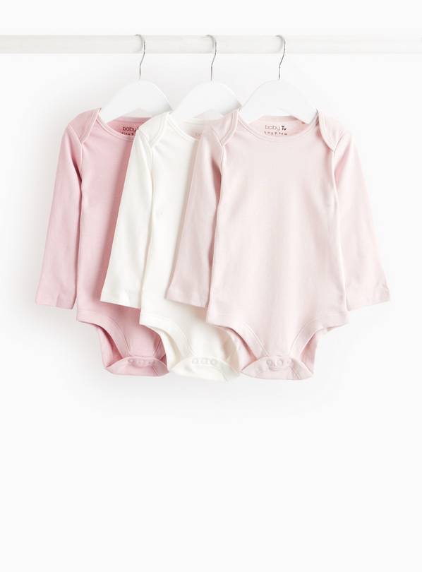 Pink & White Plain Long Sleeve Bodysuit 3 Pack Tiny Baby