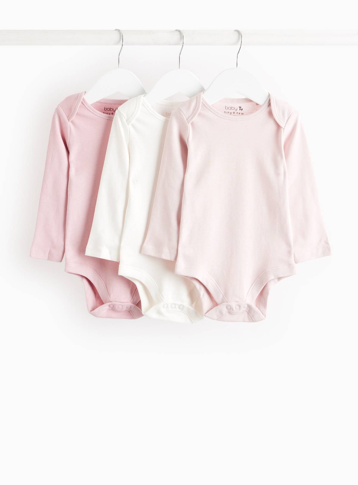 Pink & White Plain Long Sleeve Bodysuit 3 Pack Up to 3 mths - Image 1