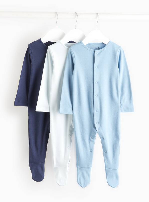 Plain Blue Long Sleeve Sleepsuits 3 Pack 9-12 months