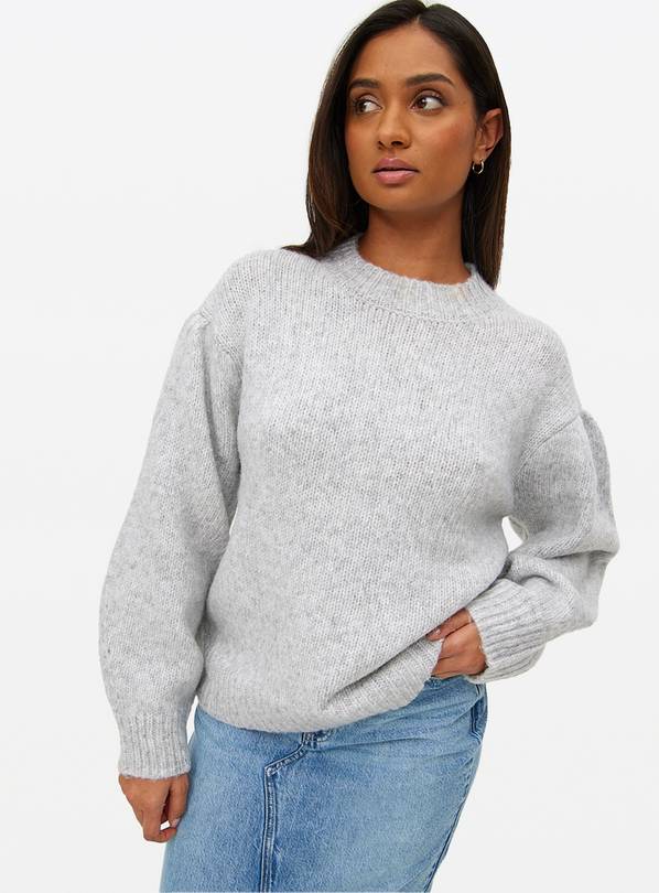 Grey Volume Sleeve Knitted Crew Jumper 14