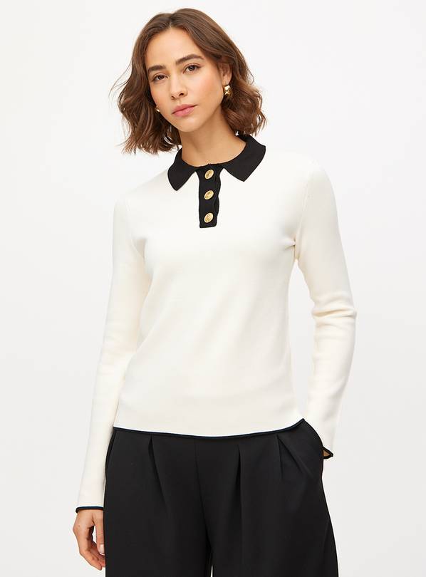 Cream Compact-Yarn Contrast Polo Knitted Jumper L