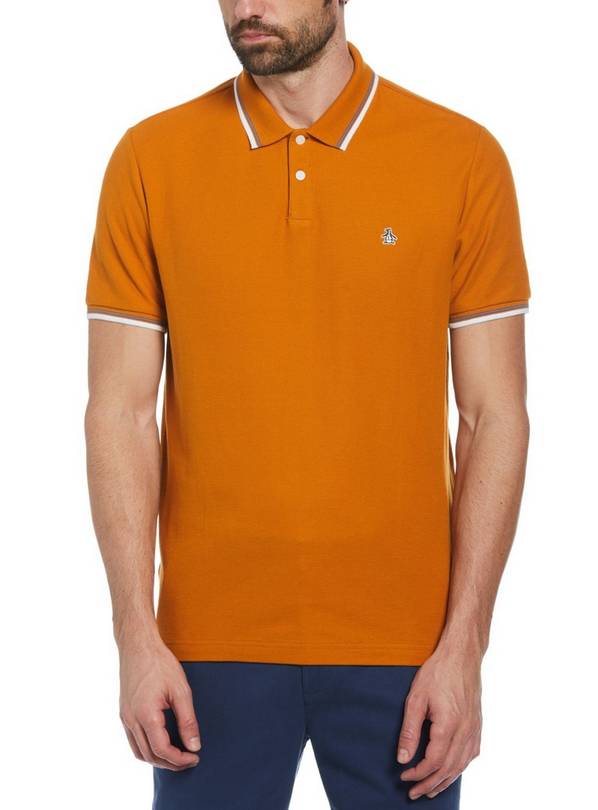 ORIGINAL PENGUIN Organic Cotton Pique Short Sleeve Polo Shirt With Tipped Collar In Brown L