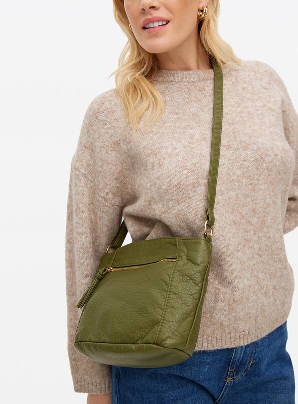 Green Washed Faux Leather Crossbody Bag  One Size