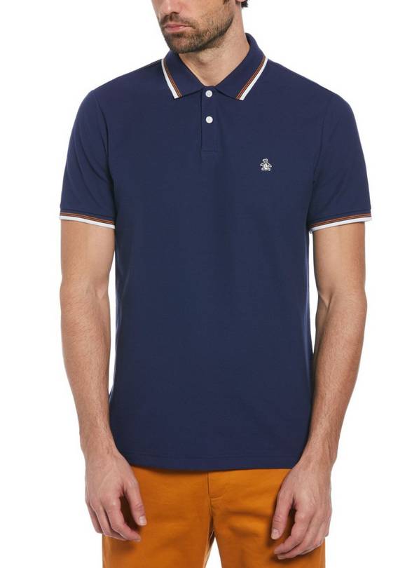 ORIGINAL PENGUIN Organic Cotton Pique Short Sleeve Polo Shirt With Tipped Collar In Medieval Blue L