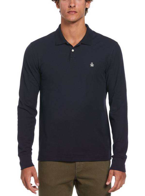 ORIGINAL PENGUIN Sticker Pete Long Sleeve Polo Shirt In Navy M