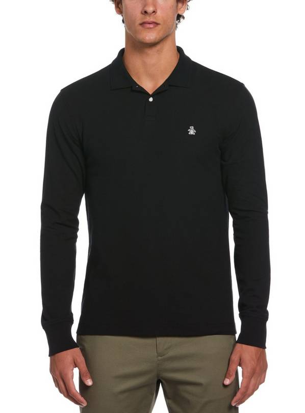 ORIGINAL PENGUIN Sticker Pete Long Sleeve Polo Shirt In Black L