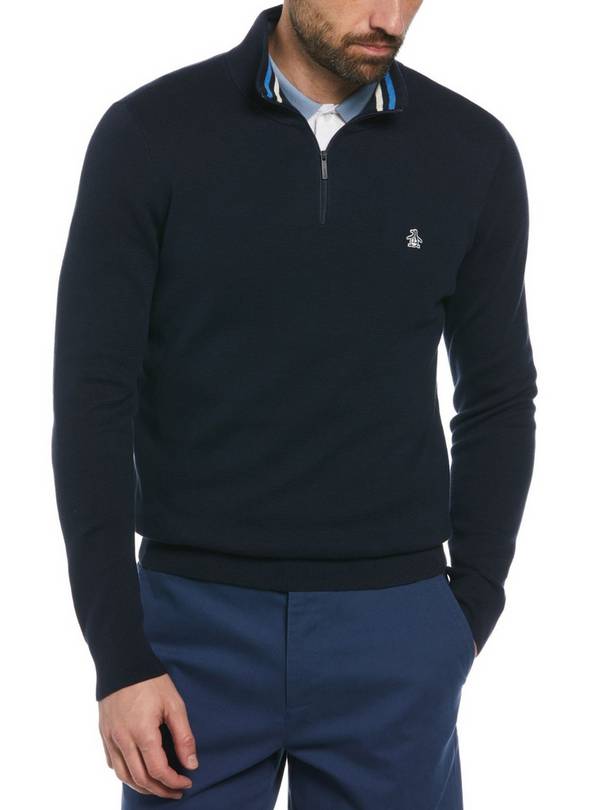 ORIGINAL PENGUIN Sticker Pete 1/4 Zip Cotton Jumper In Navy L