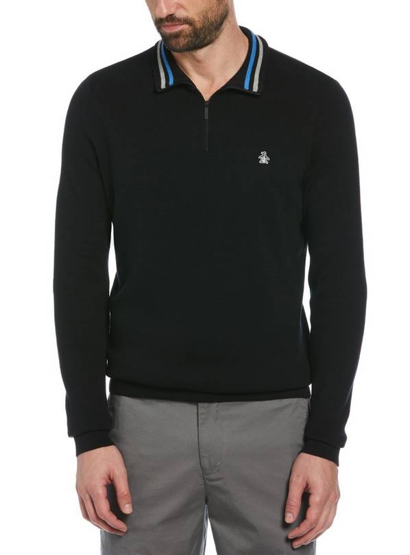 ORIGINAL PENGUIN Sticker Pete 1/4 Zip Cotton Jumper In Black L