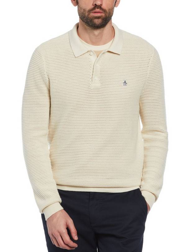 ORIGINAL PENGUIN Sticker Pete Cotton Mesh Long Sleeve Polo Sweater L