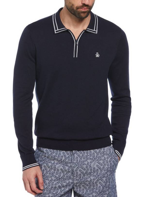 ORIGINAL PENGUIN Cotton Long Sleeve Polo In Navy XL